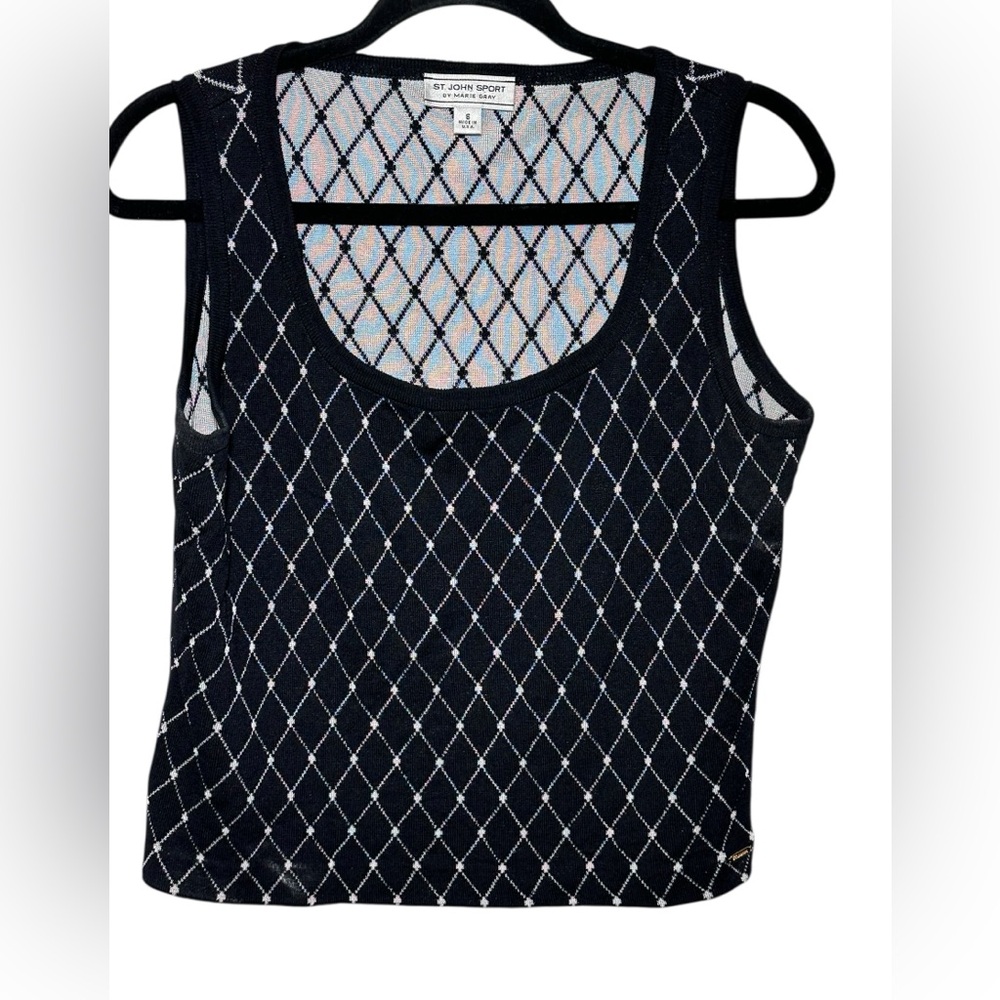St John Sport Marie Gray Black White Diamond Argyle Knit Tank Top Scoop Neck S
